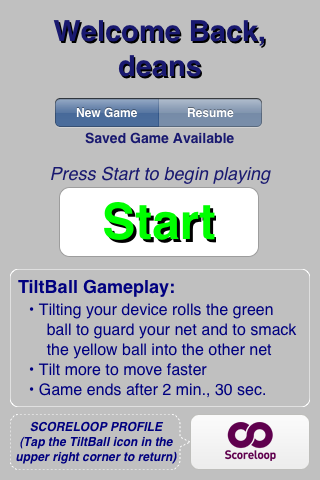 TiltBall Welcome Screen